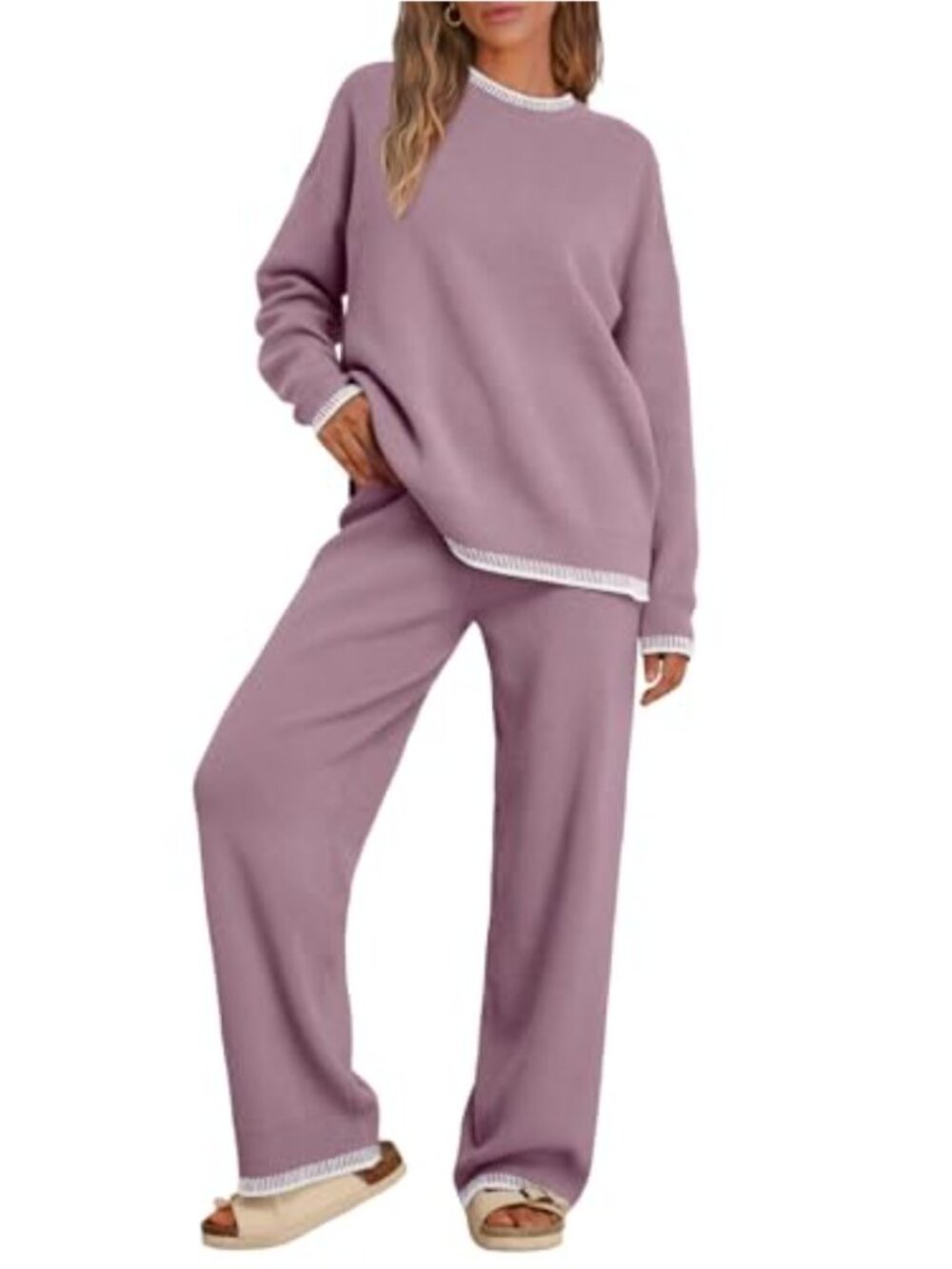LILLUSORY 2 Piece Knit Sweater Lounge Set Wide Leg Pants Crewneck Slouchy